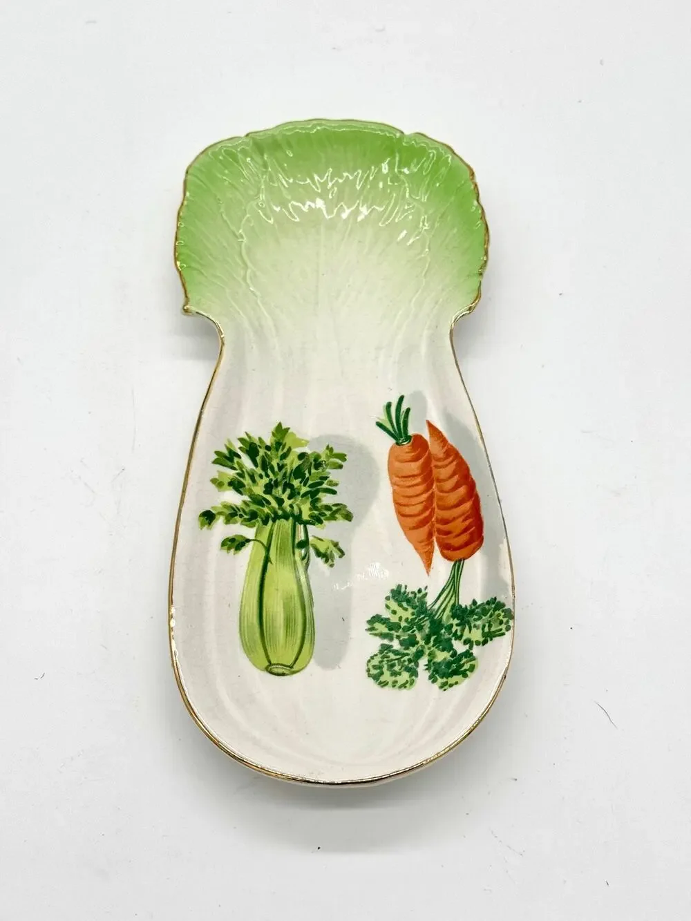 Vintage Ceramic Celery Shaped Serving Dish Spoonrest Hand Painted Painted 12'L